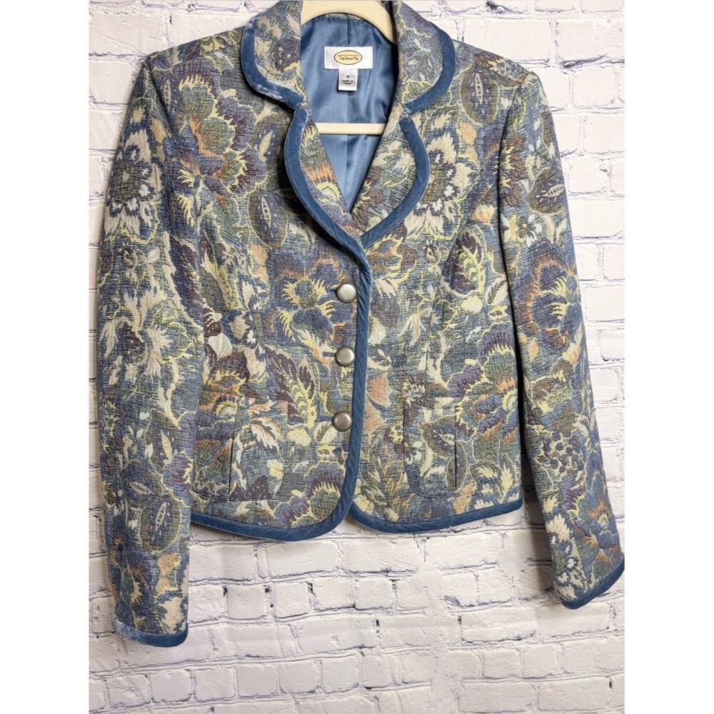 VINTAGE Talbots Blue Jacquard Tapestry Boho Cottagecore Velvet Trimmed Blazer 4